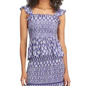 Bell Siena Tank Top Size Medium Smocked Geometric Print Square Neck Blue White